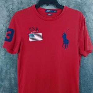 Polo Ralph Lauren T Shirt Mens Small Red Big Pony #3 Custom Fit USA Flag